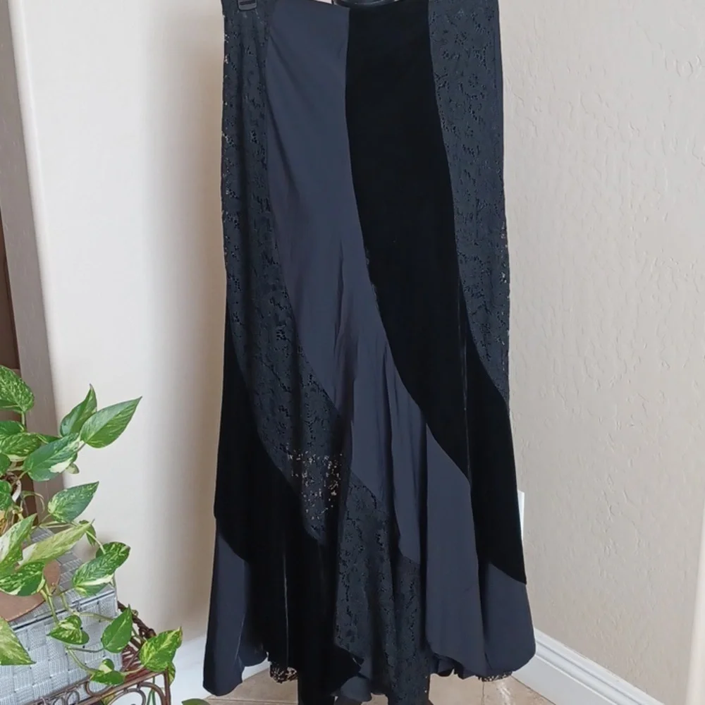 🖤Widow🖤COFFIN DREAMS Maxi Sateen Shear Lace Velvet Patchwork  Swirl Skirt - Picture 2 of 12